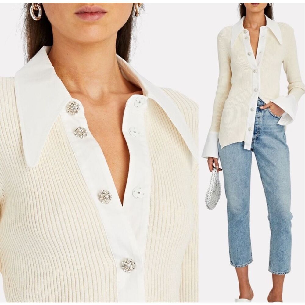 Ganni Cream Ribbed Blouse with White Accents